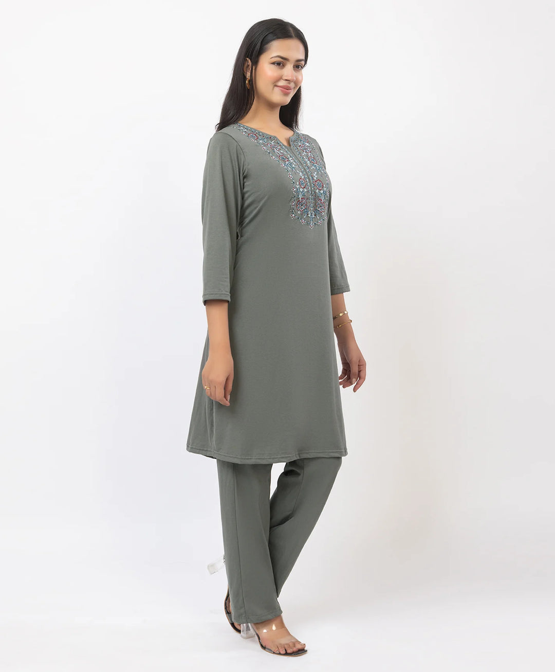 Stylish Neckline Embroidery Straight Kurta Pant Set