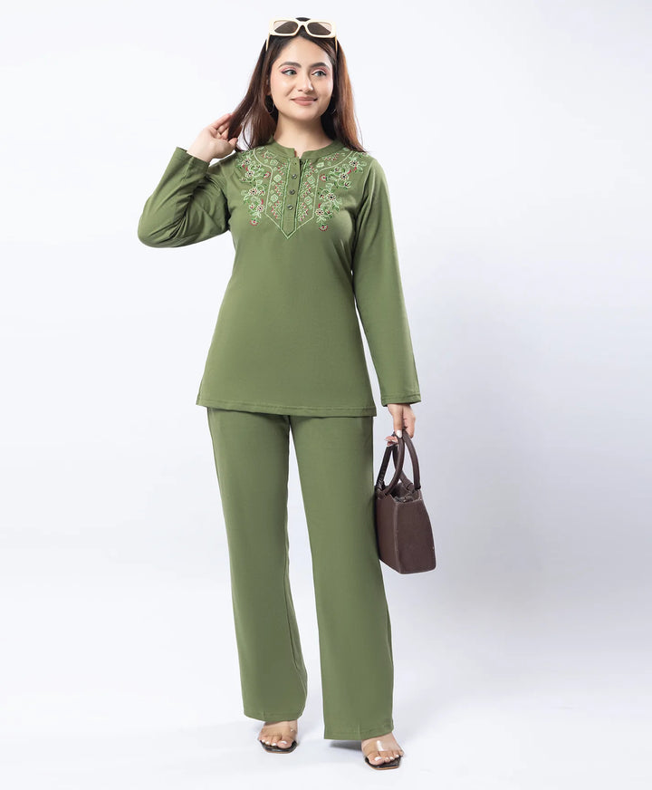 Embroidered Full Sleeve Mandarin Collar Co-Ord Set