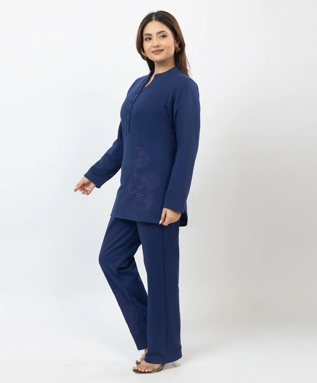 Band Collar Floral Embroidered Kurta and Straight Pants Set
