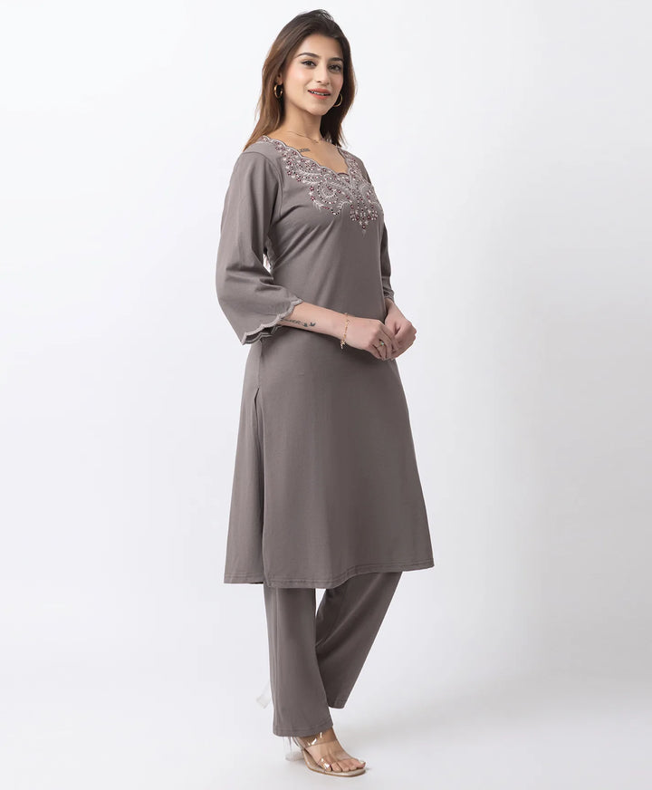 Graceful Long Kurta Set with Embroidered Neckline