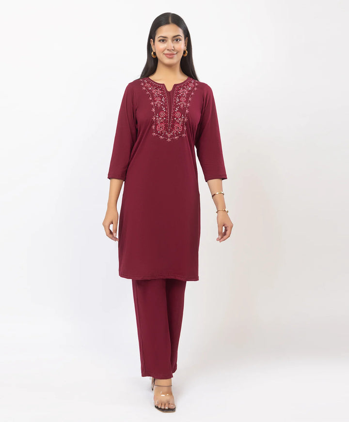 Stylish Neckline Embroidery Straight Kurta Pant Set