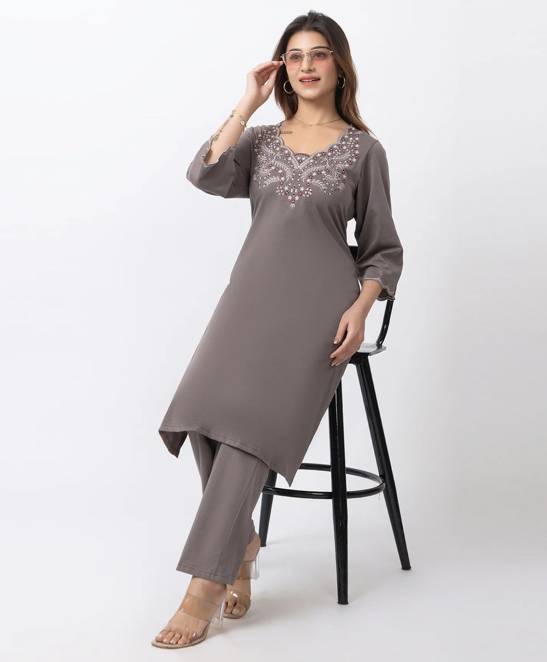 Graceful Long Kurta Set with Embroidered Neckline