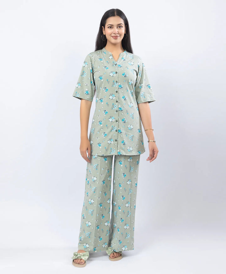 Front-Open Printed Wide-Leg Night Suit