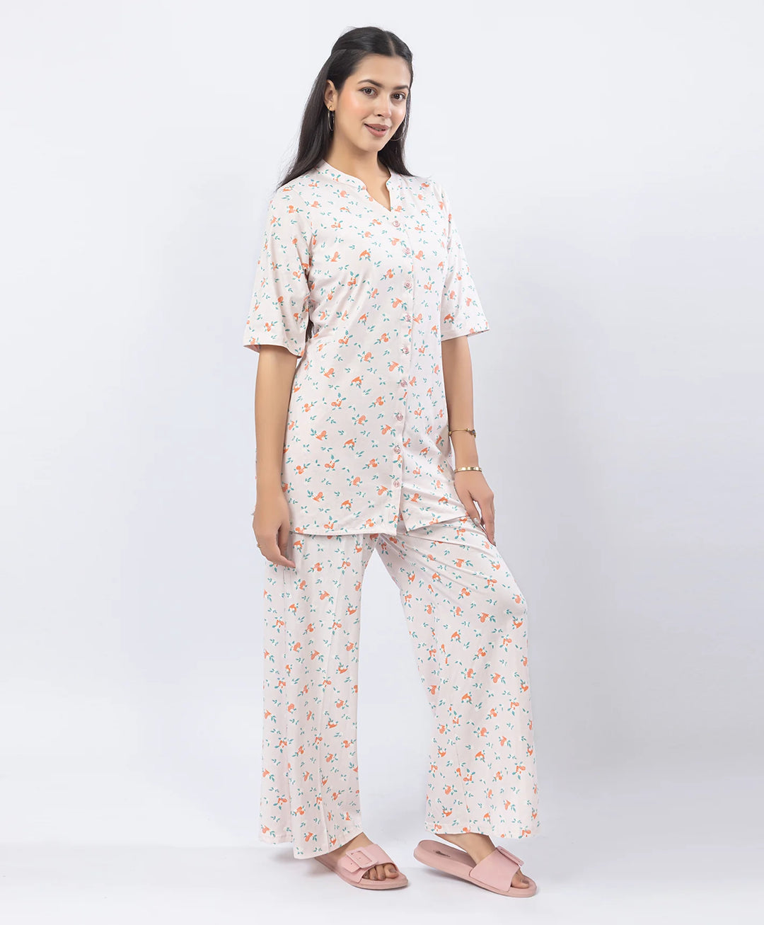 Front-Open Printed Wide-Leg Night Suit