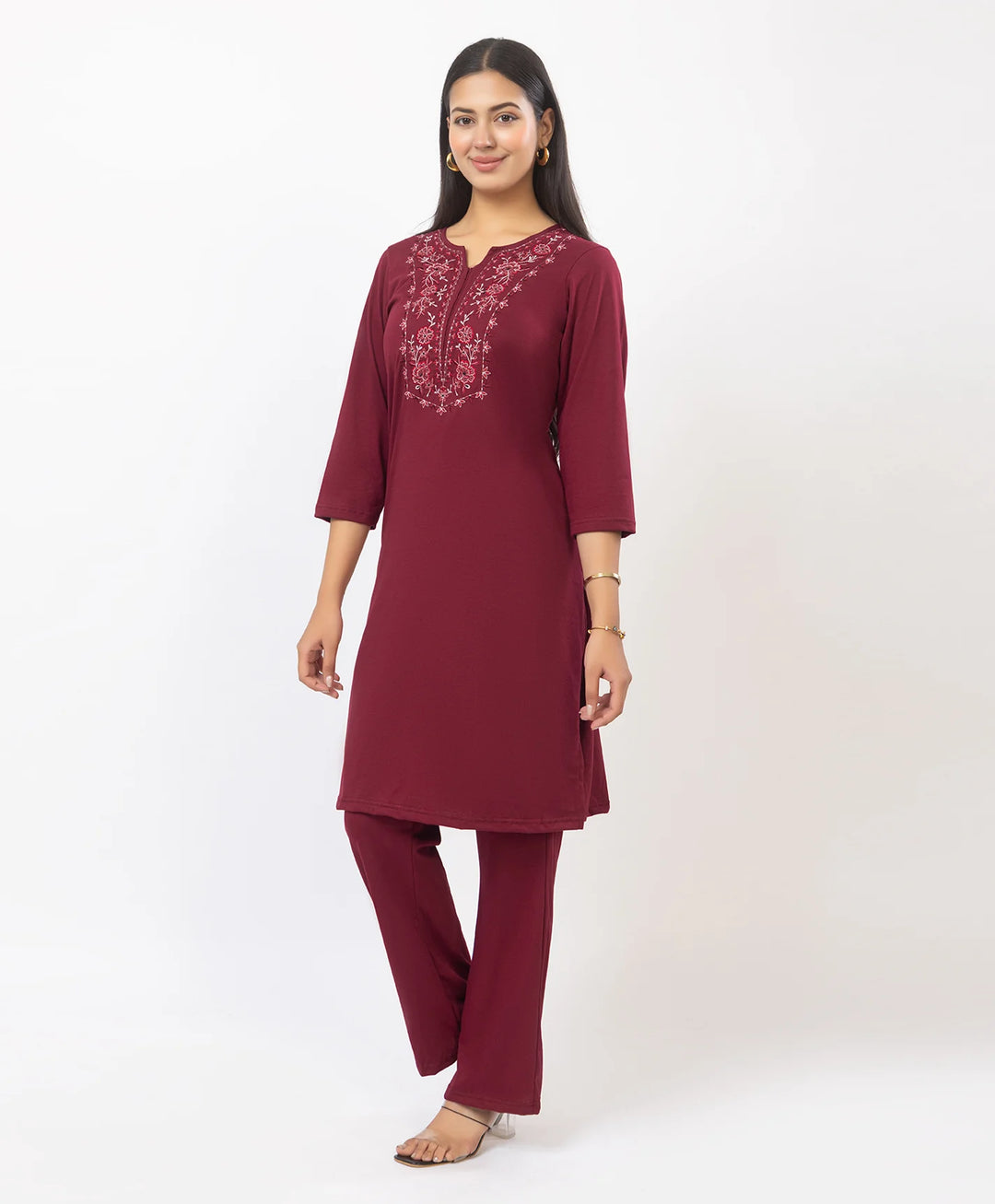 Stylish Neckline Embroidery Straight Kurta Pant Set