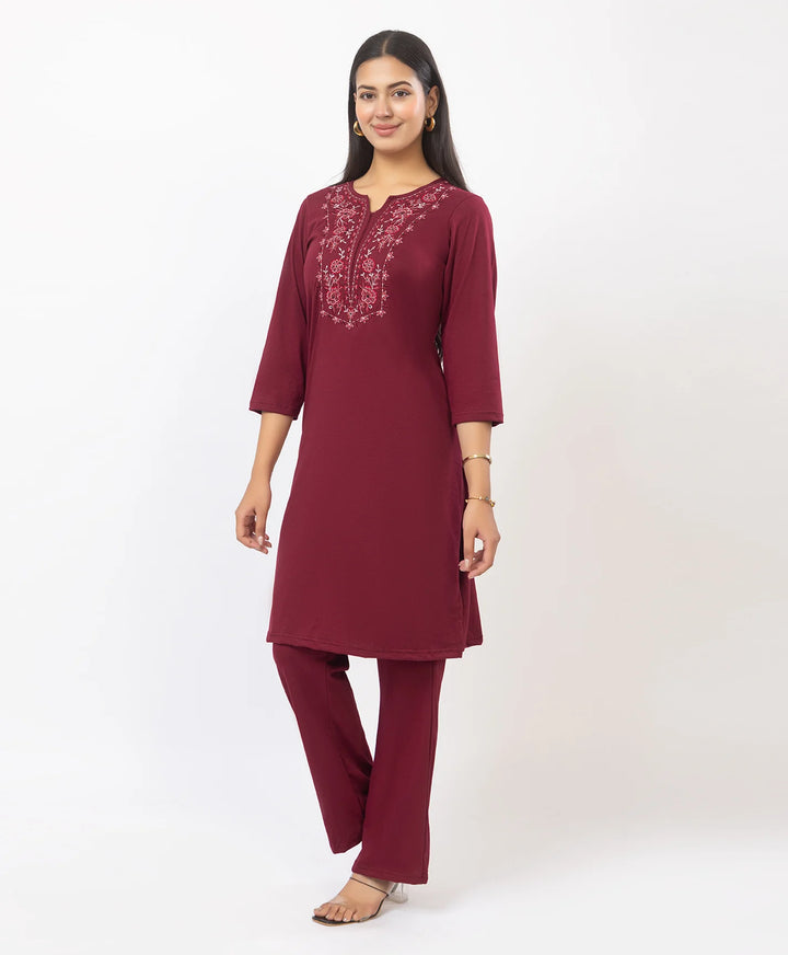 Stylish Neckline Embroidery Straight Kurta Pant Set
