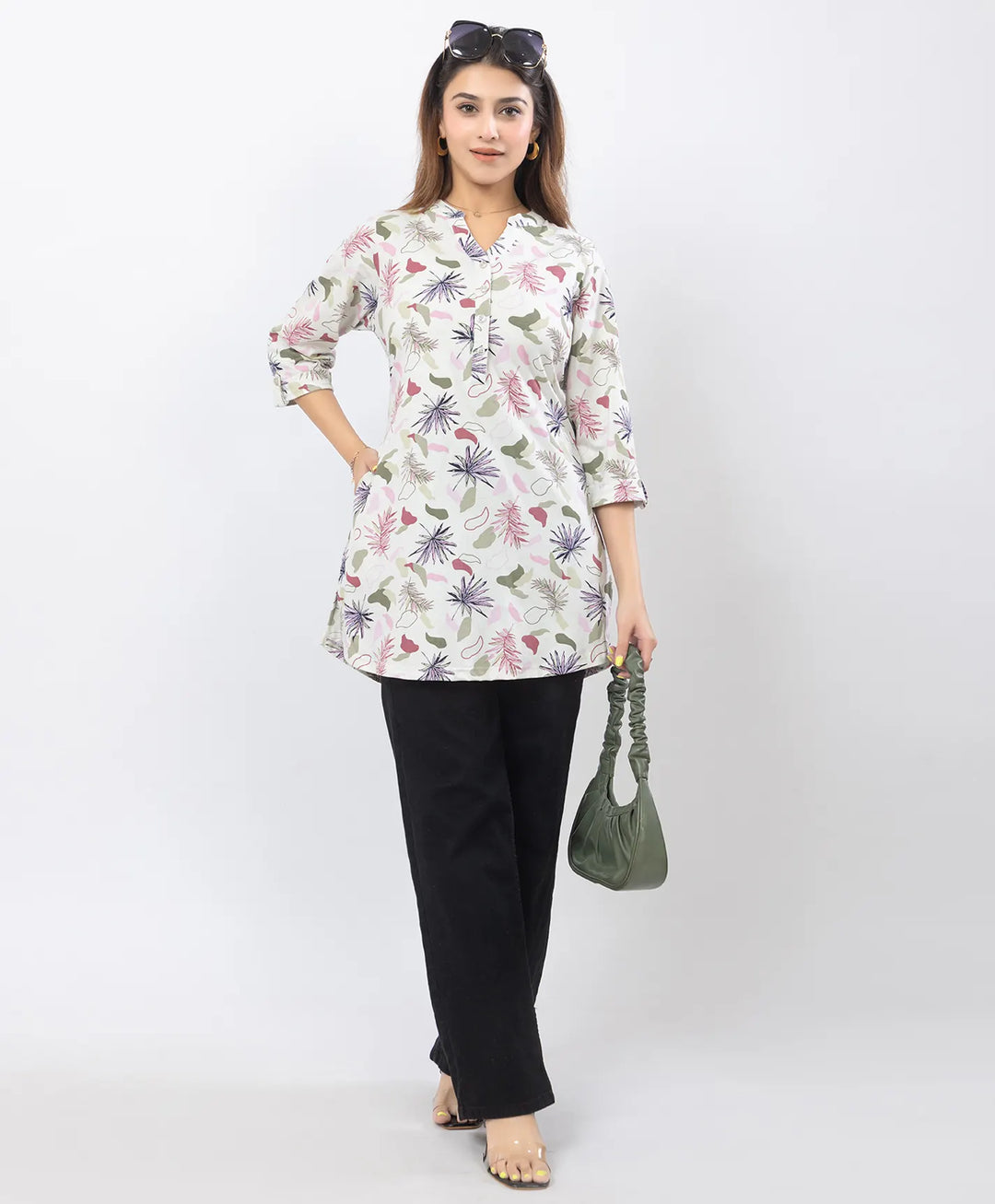Floral Print Three-Quarter Sleeve Short Kurti