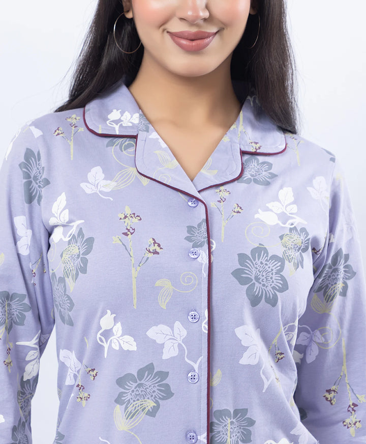 Printed Night Suit with Contrast Piping & Pockets