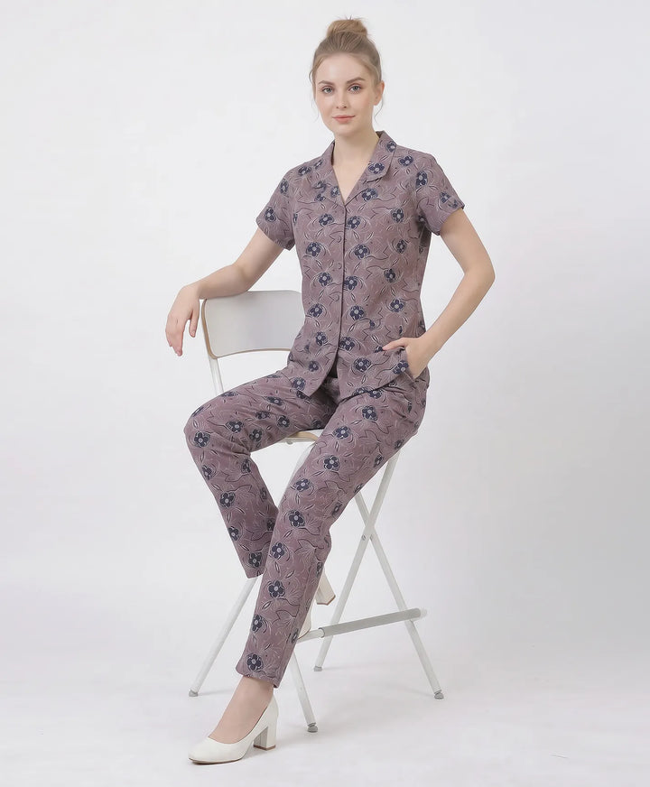 Floral Charm Front Open Night Suit