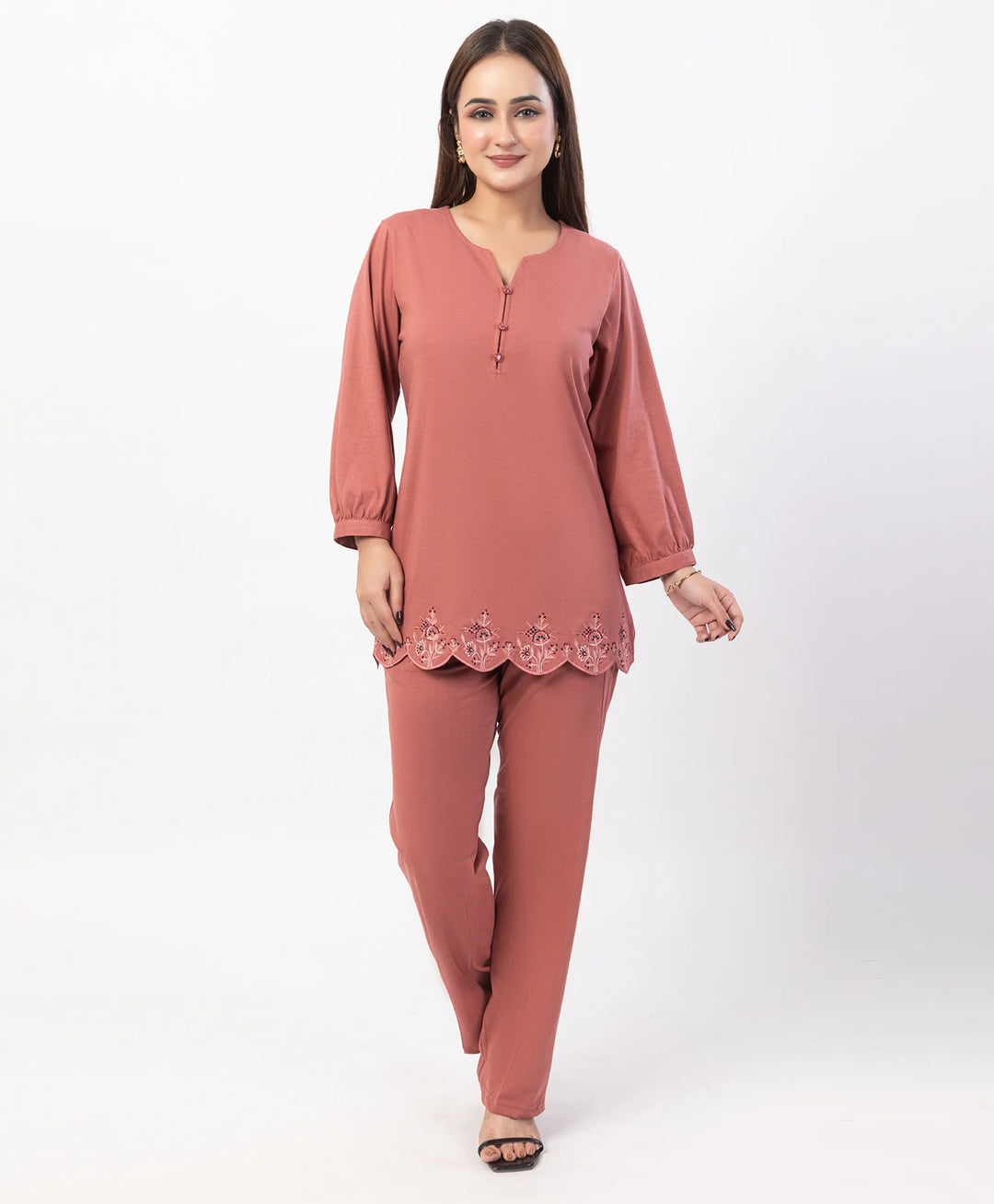 Floral Cut Work Hem Kurta Set with fitted Cuffed Sleeves