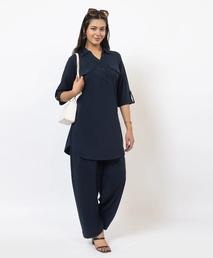 Collared Pathani Kurta with Relaxed Draped Salwar
