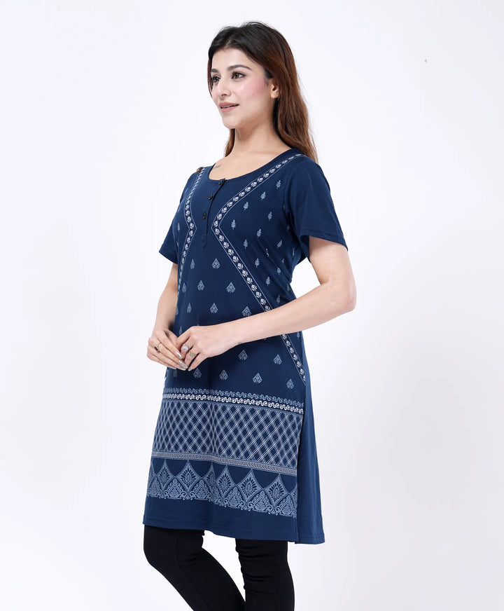 Elegant Printed Button-Neck Straight Long Top
