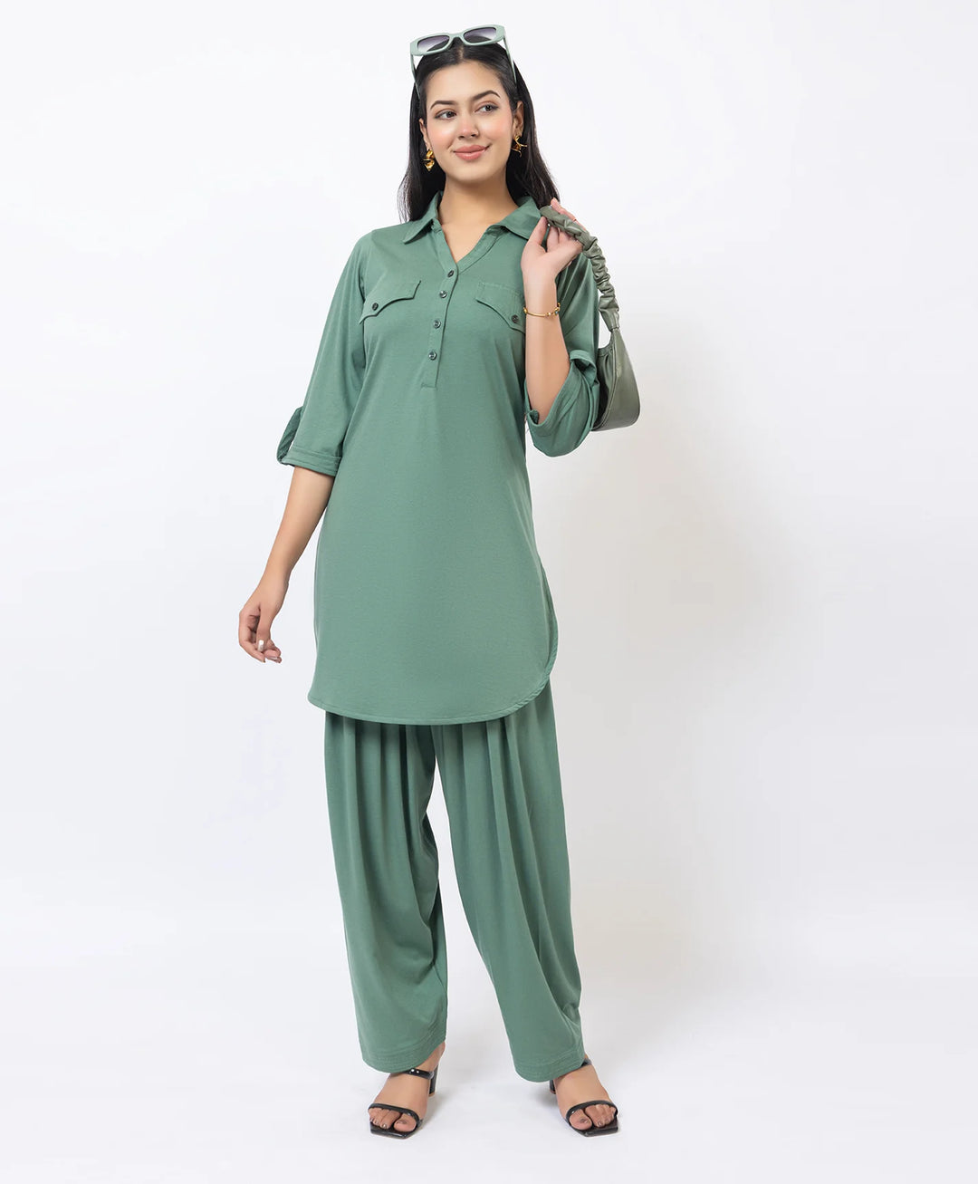 Collared Pathani Kurta with Relaxed Draped Salwar