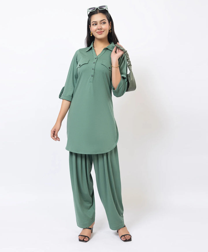 Collared Pathani Kurta with Relaxed Draped Salwar