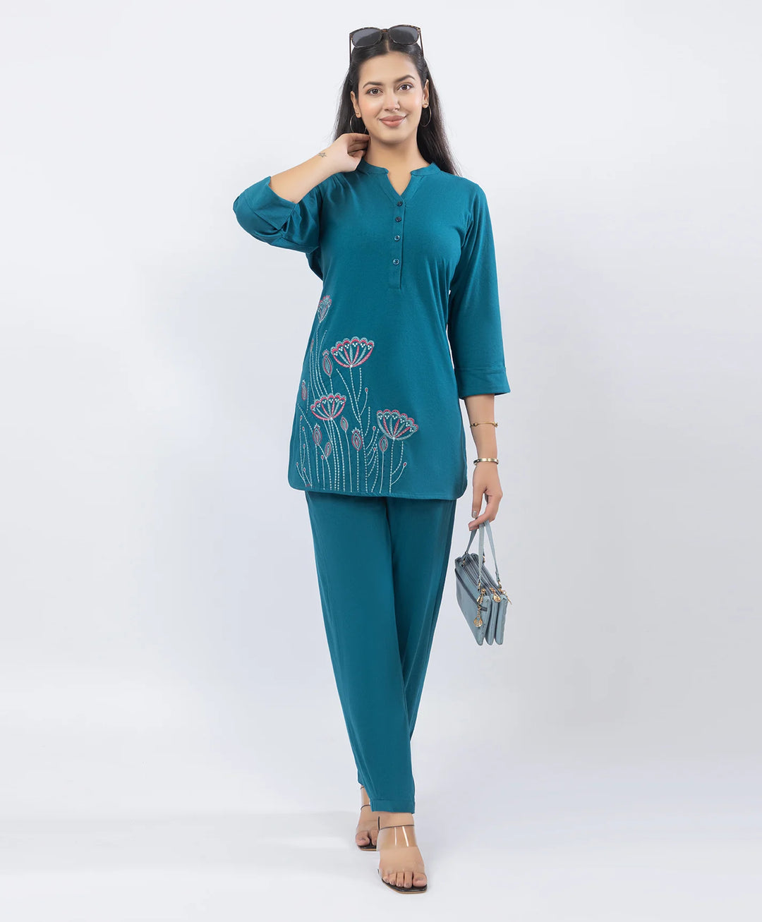 Premium Floral Embroidered Mandarin Collar Kurta Set