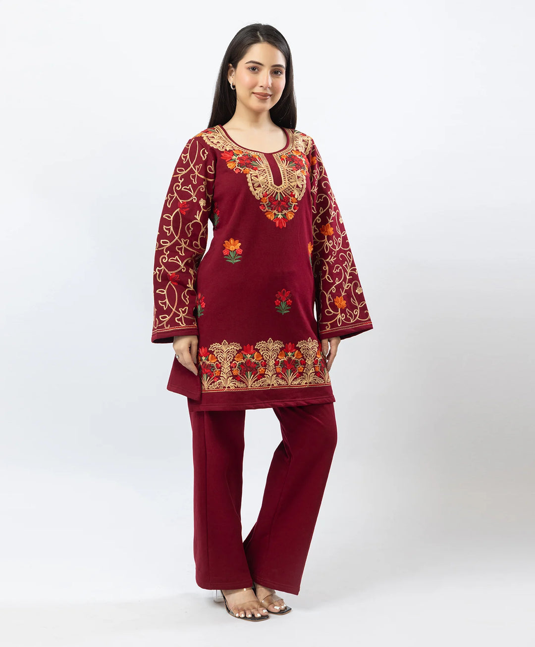 Kashmiri Floral Embroidered Fleece Kurta Set