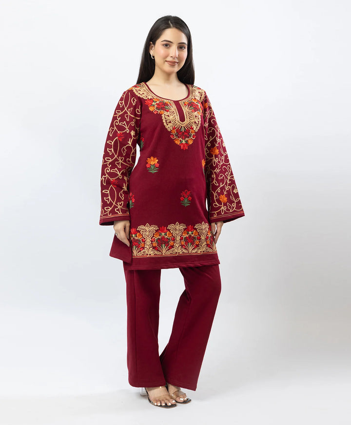 Kashmiri Floral Embroidered Fleece Kurta Set