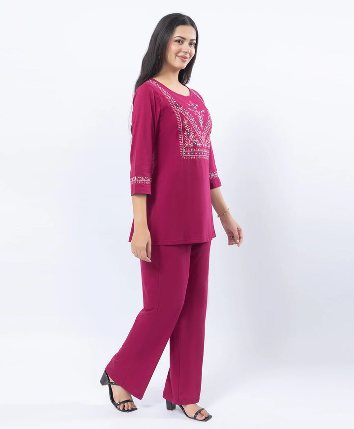 Premium Round Neck Embroidered Straight-Fit Co-Ord Set