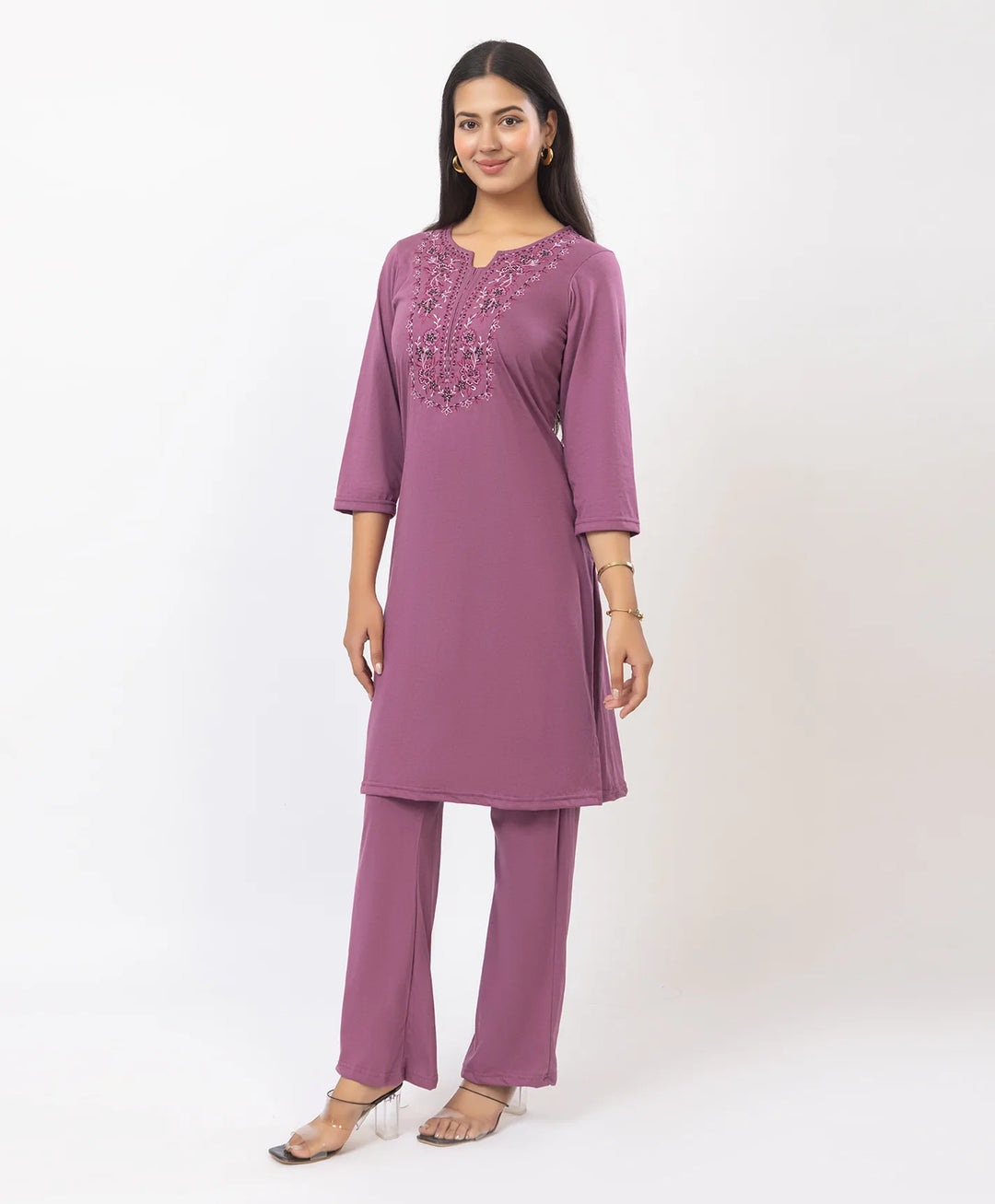 Stylish Neckline Embroidery Straight Kurta Pant Set
