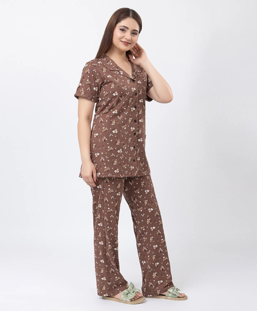 Floral Charm Front Open Night Suit