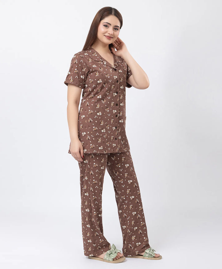 Floral Charm Front Open Night Suit
