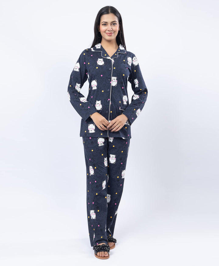 Printed Shirt Collar Front Open Night Suit Set