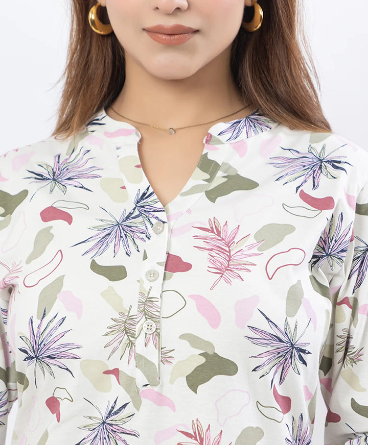 Printed Front-Placket Hip-Length Short Kurti
