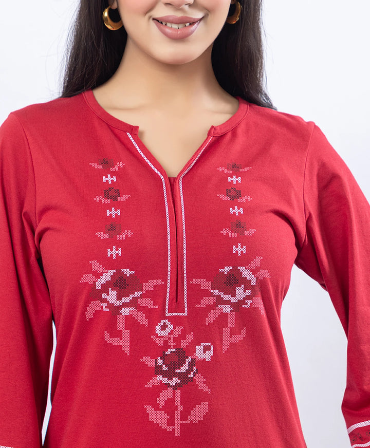 Floral Cross-Stitch Effect Pattern Printed Kurta Set