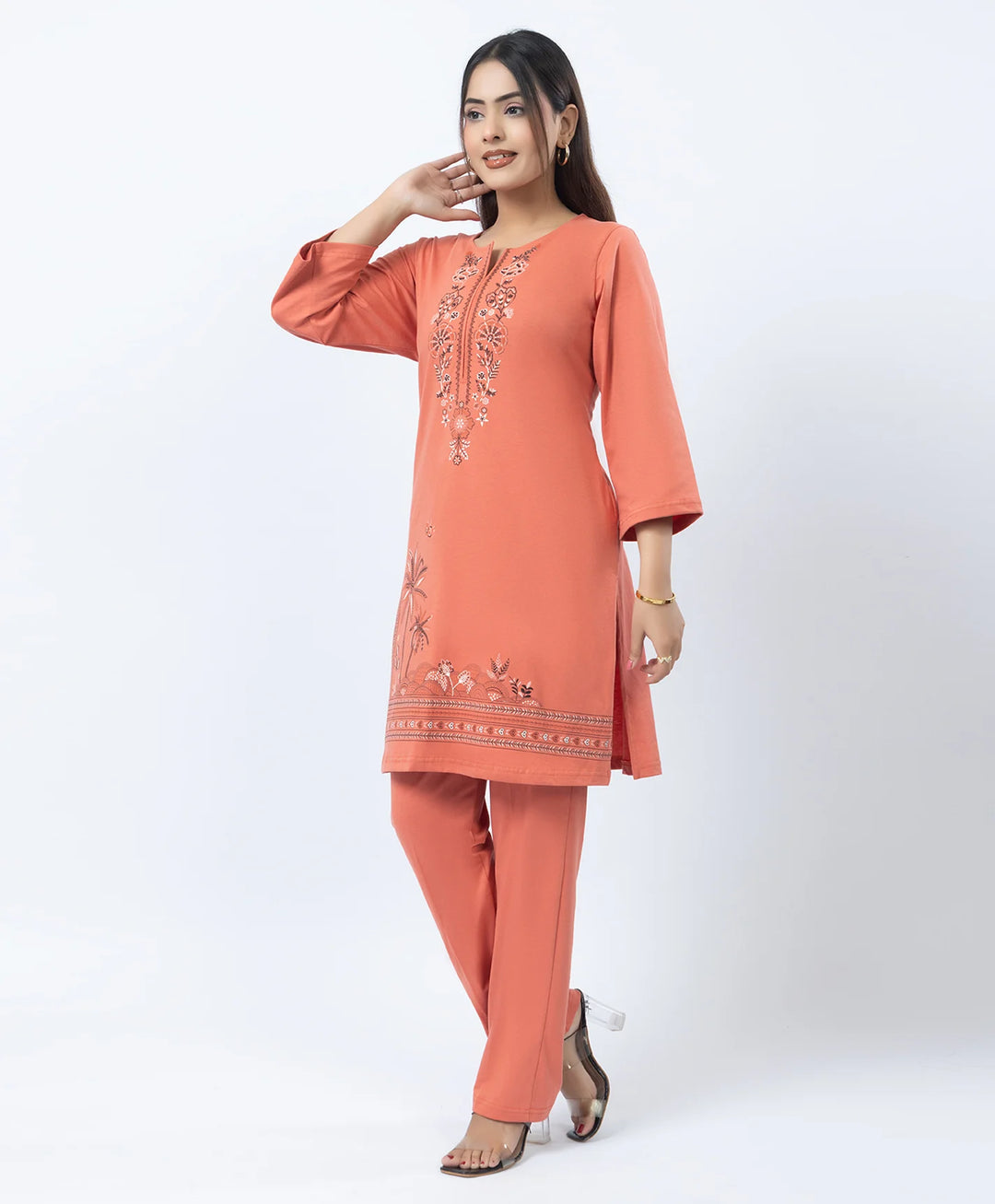 Premium Round Neck Border Printed Kurta Set with Straight-Fit Pants