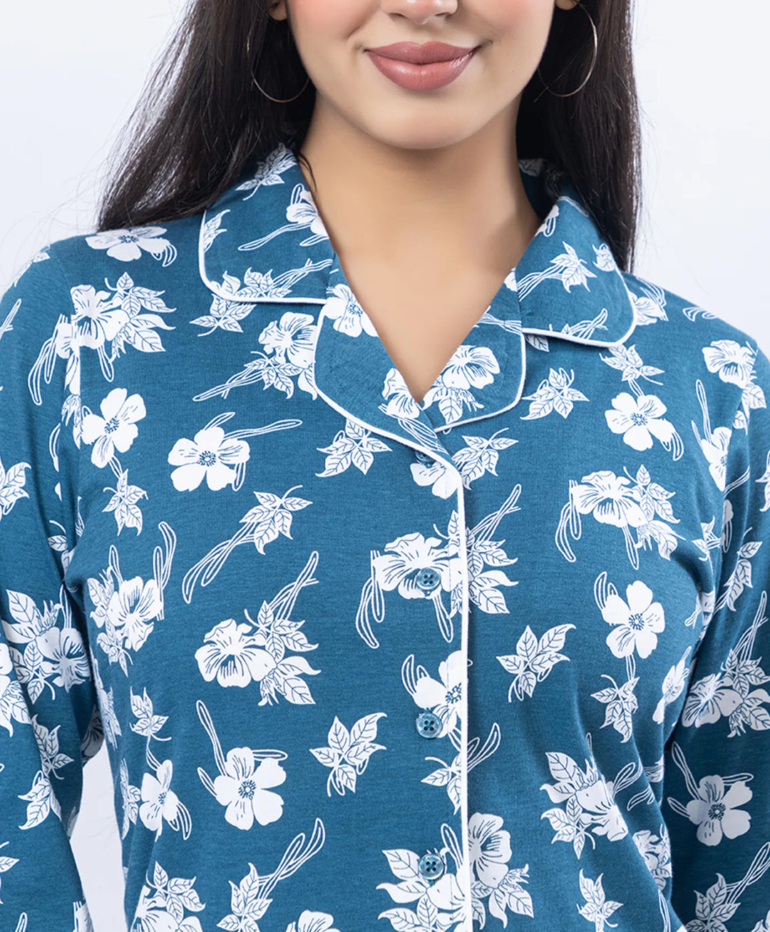 Printed Night Suit with Contrast Piping & Pockets