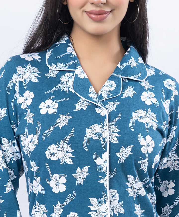 Printed Night Suit with Contrast Piping & Pockets