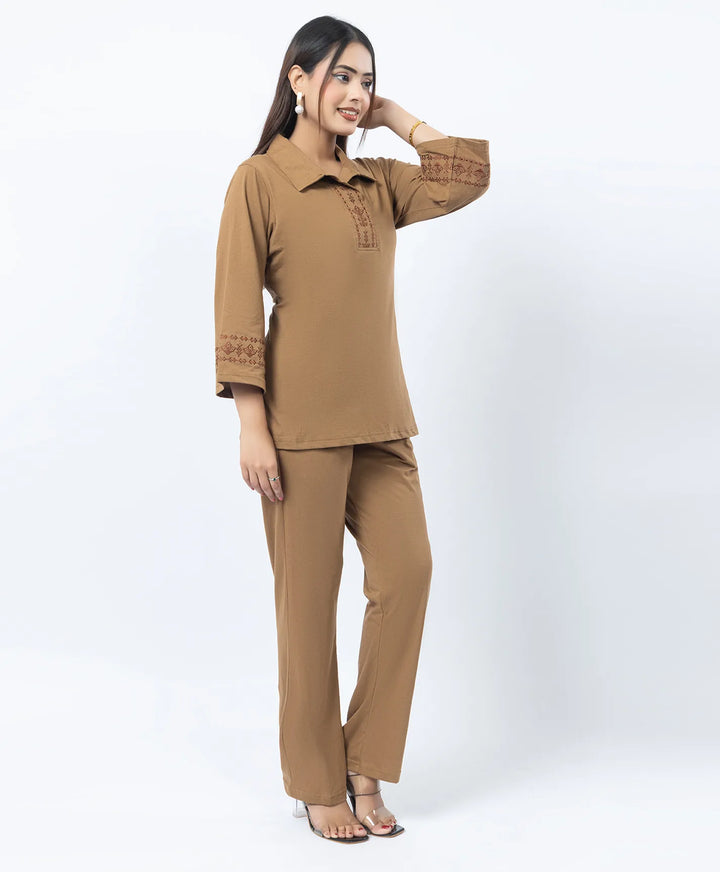 Straight Fit Collared Co-Ord Set with Embroidered Placket & Cuffs