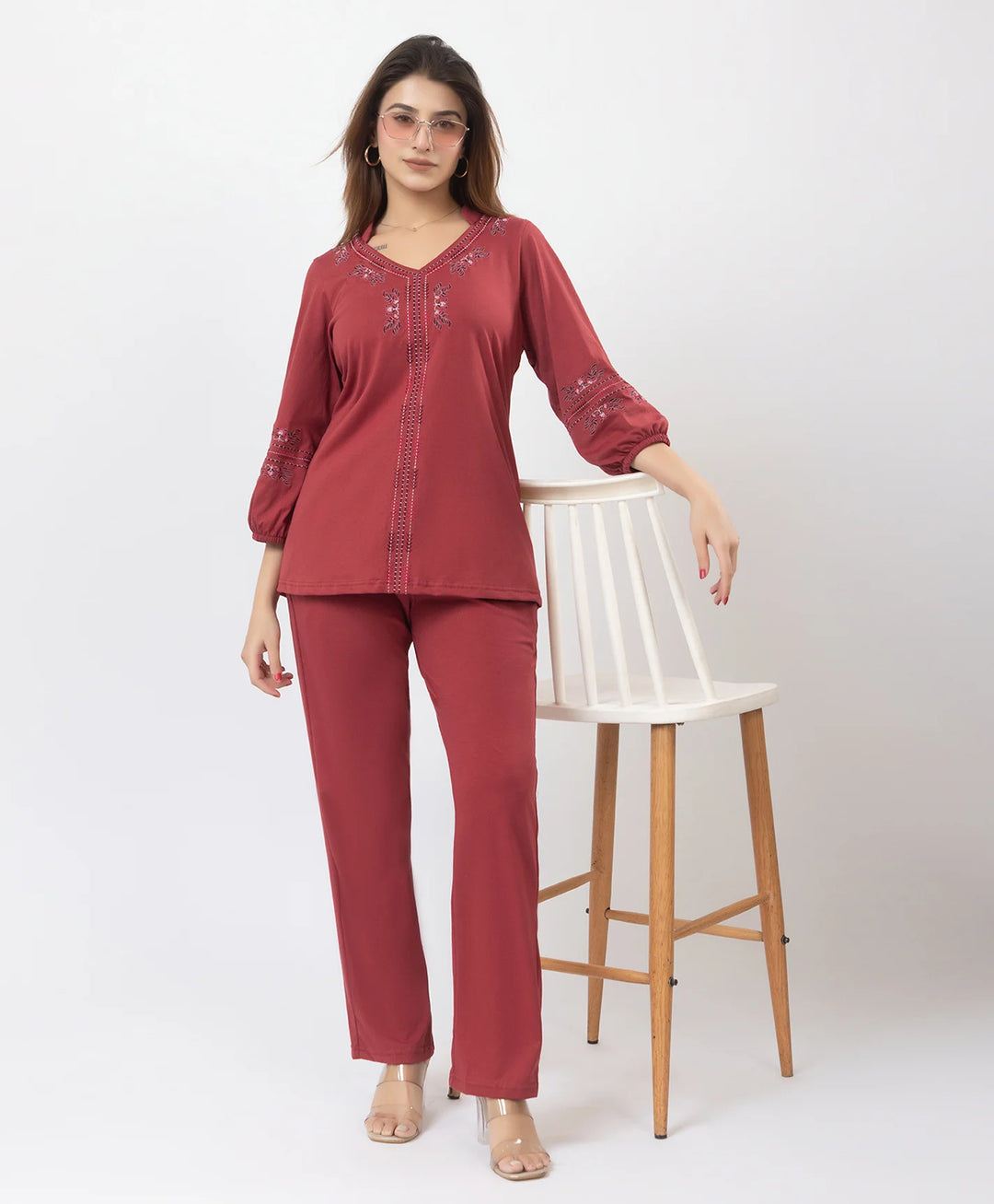 Elegant V-Neck Embroidered Co-Ord Set