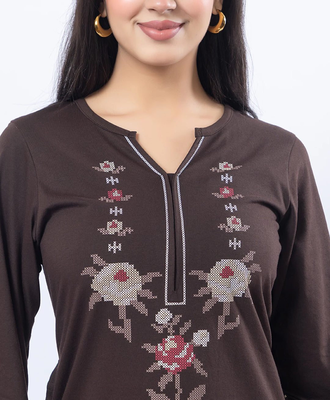 Floral Cross-Stitch Effect Pattern Printed Kurta Set
