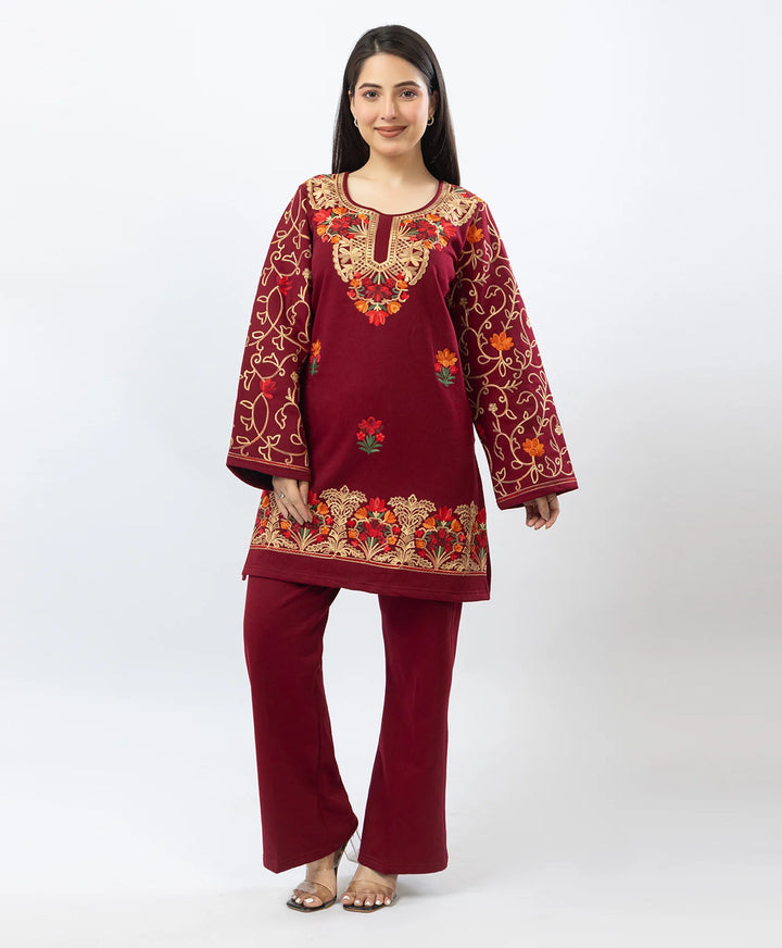 Kashmiri Floral Embroidered Fleece Kurta Set