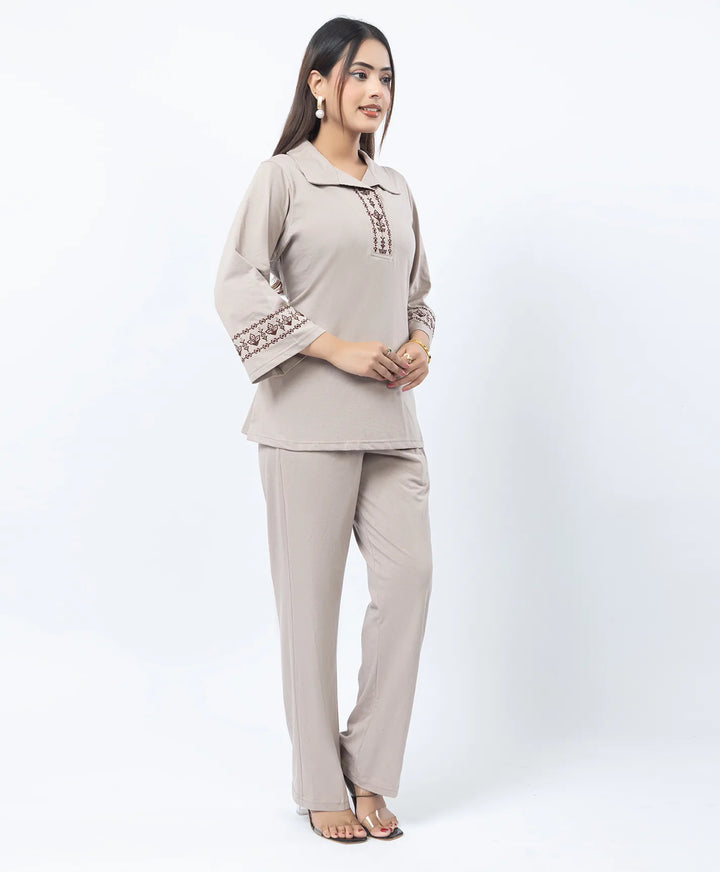 Straight Fit Collared Co-Ord Set with Embroidered Placket & Cuffs