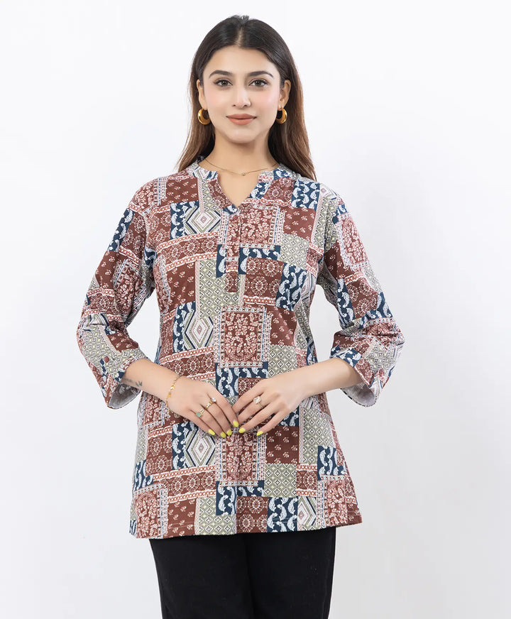 Printed Front-Placket Hip-Length Short Kurti