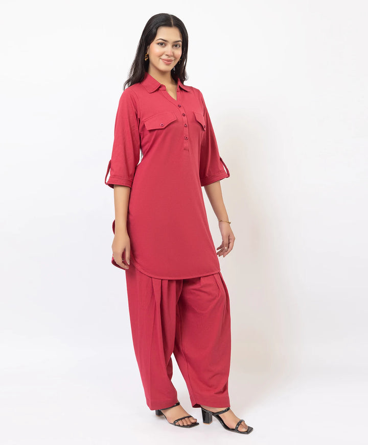 Collared Pathani Kurta with Relaxed Draped Salwar