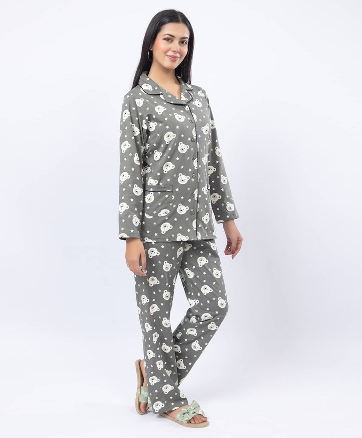 Printed Shirt Collar Front Open Night Suit Set