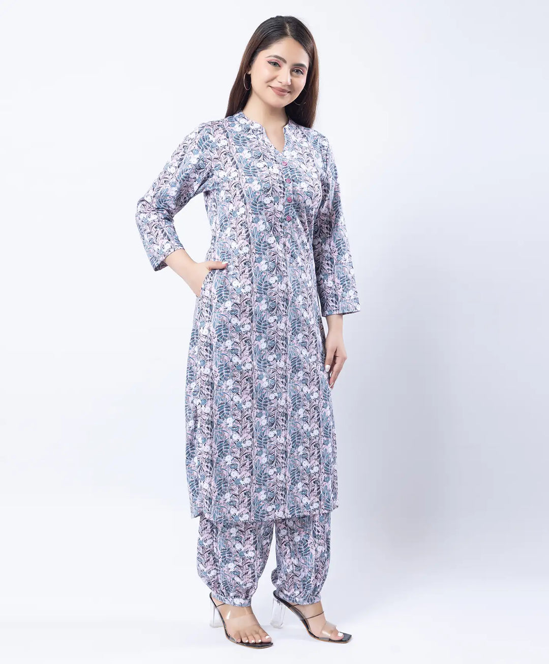 Mandarin Collar Quarter Sleeve Floral Kurti & Narrow Ankle Hem Afghani Suit