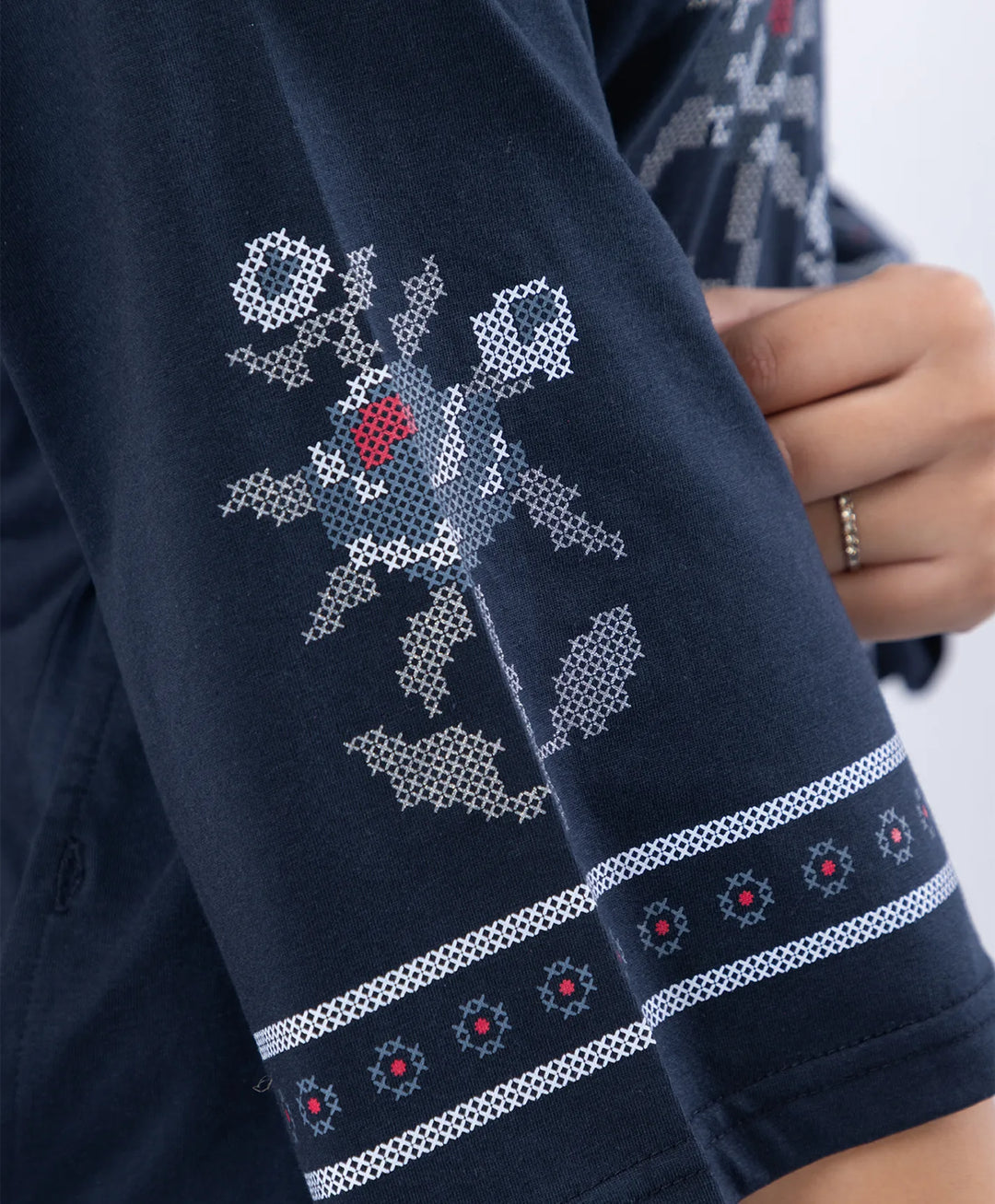 Floral Cross-Stitch Effect Pattern Printed Kurta Set