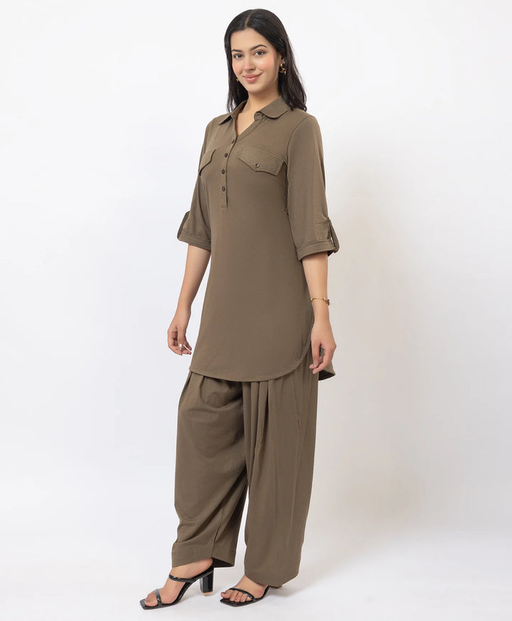 Collared Pathani Kurta with Relaxed Draped Salwar