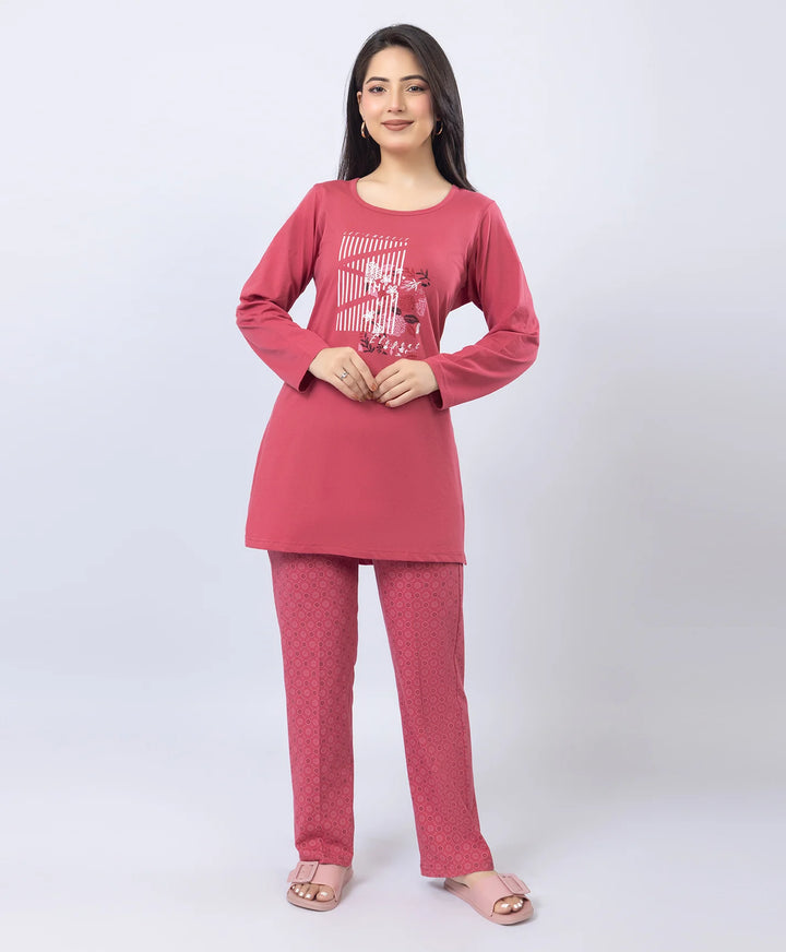Elegant Printed Round-Neck Night Suit