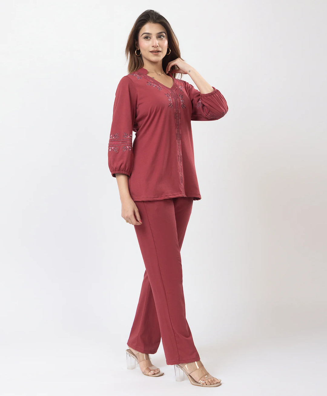 Elegant V-Neck Embroidered Co-Ord Set