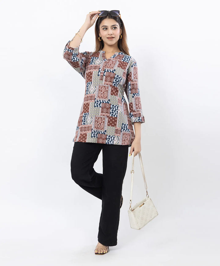 Printed Front-Placket Hip-Length Short Kurti