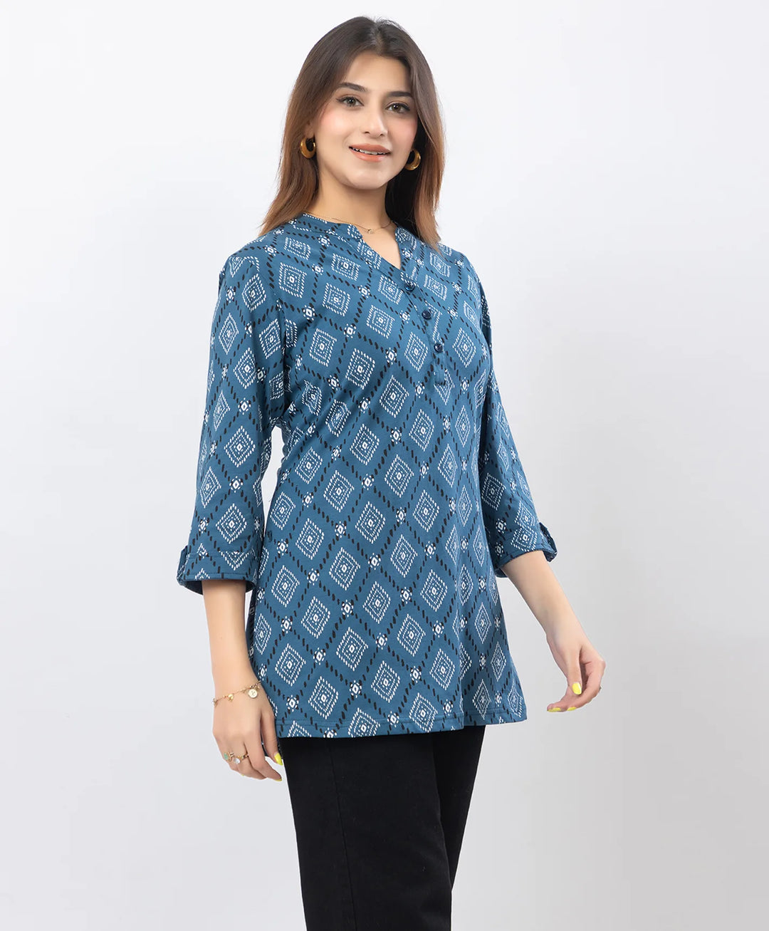 Printed Front-Placket Hip-Length Short Kurti