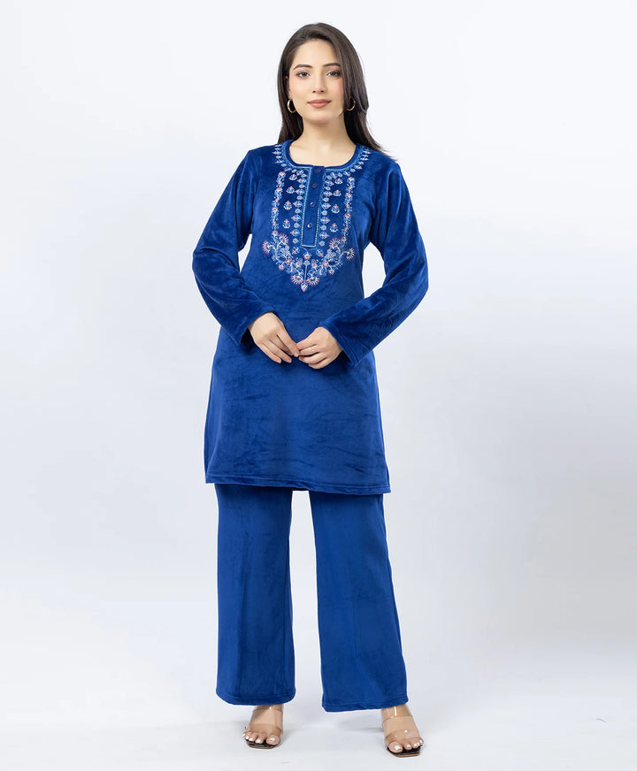 Round Neck Buttoned Kurta and Trouser Set with Embroidery & Pockets.