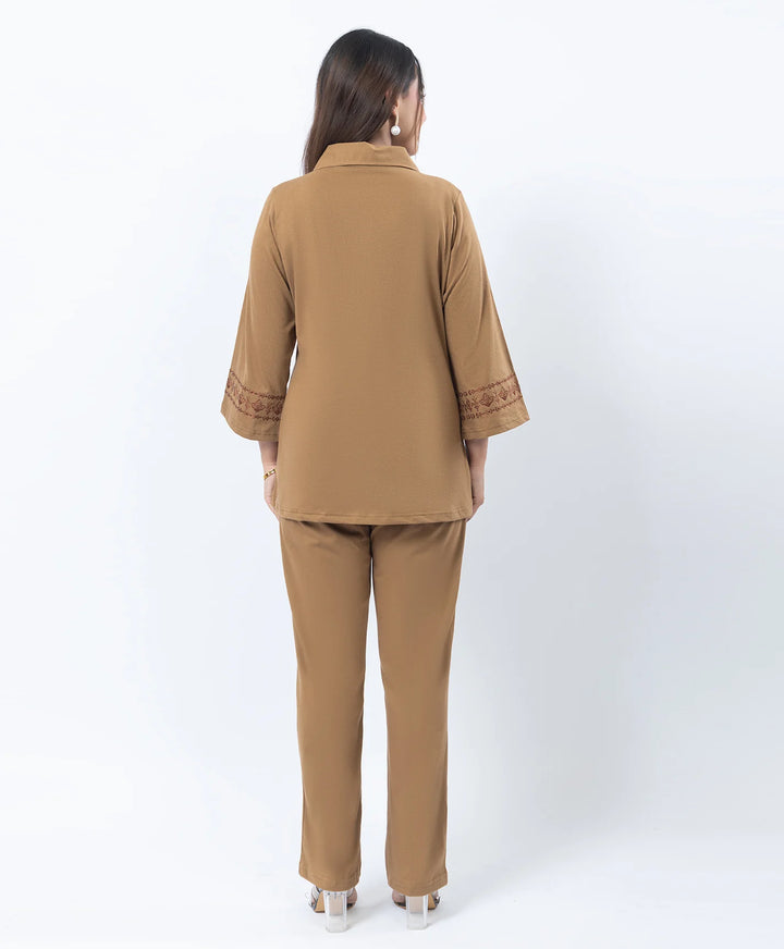 Straight Fit Collared Co-Ord Set with Embroidered Placket & Cuffs