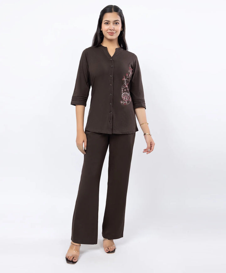 Front-Open Casual Embroidered Co-Ord Set