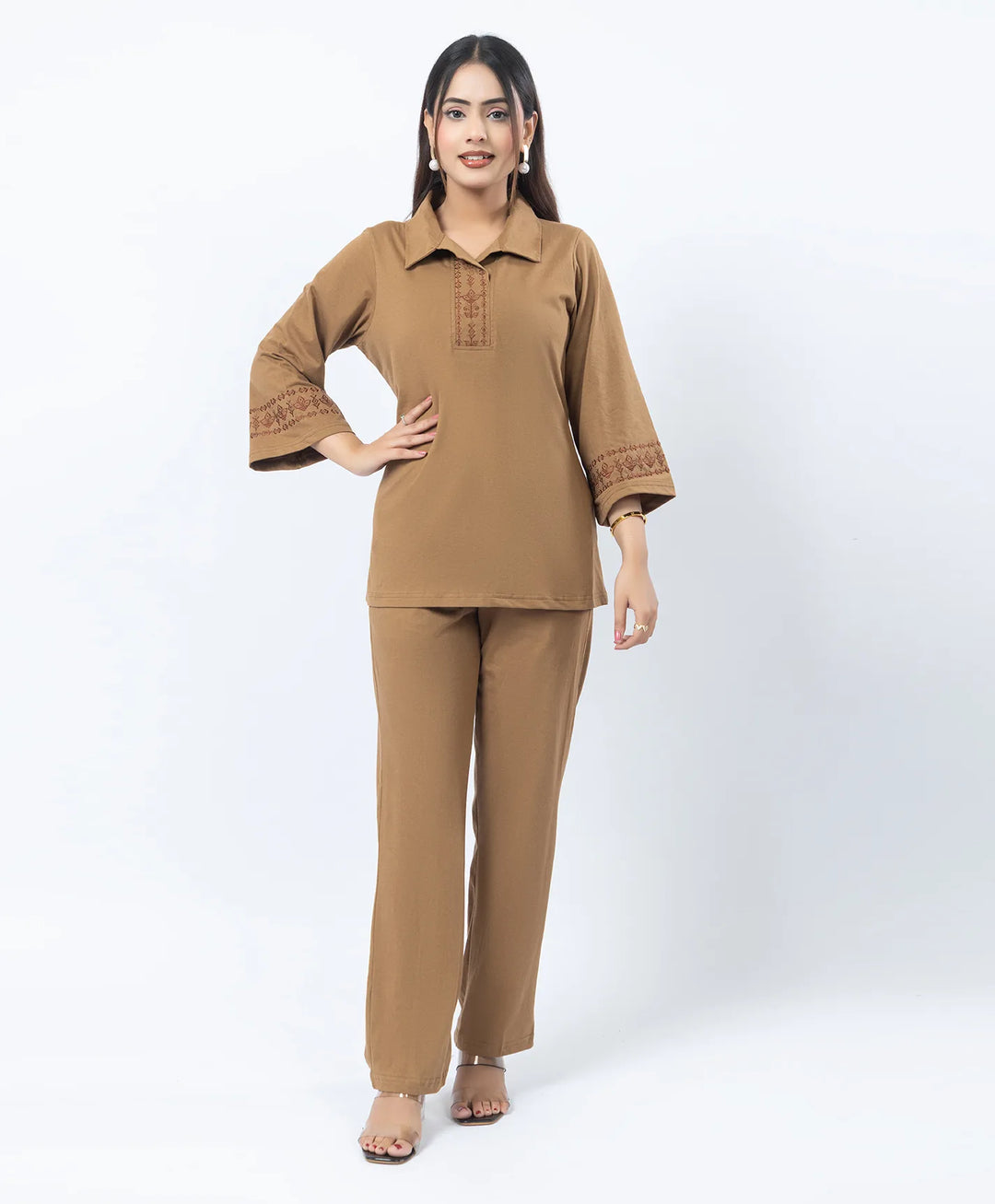 Straight Fit Collared Co-Ord Set with Embroidered Placket & Cuffs